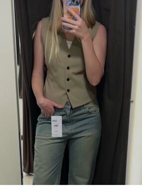 Zara Button Vest in Olive-Tan, Beige